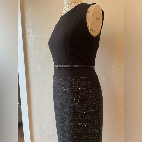 Calvin Klein Black Belted Sheath Dress with Metallic Threaded Boucle Skirt - Picture 3 of 6